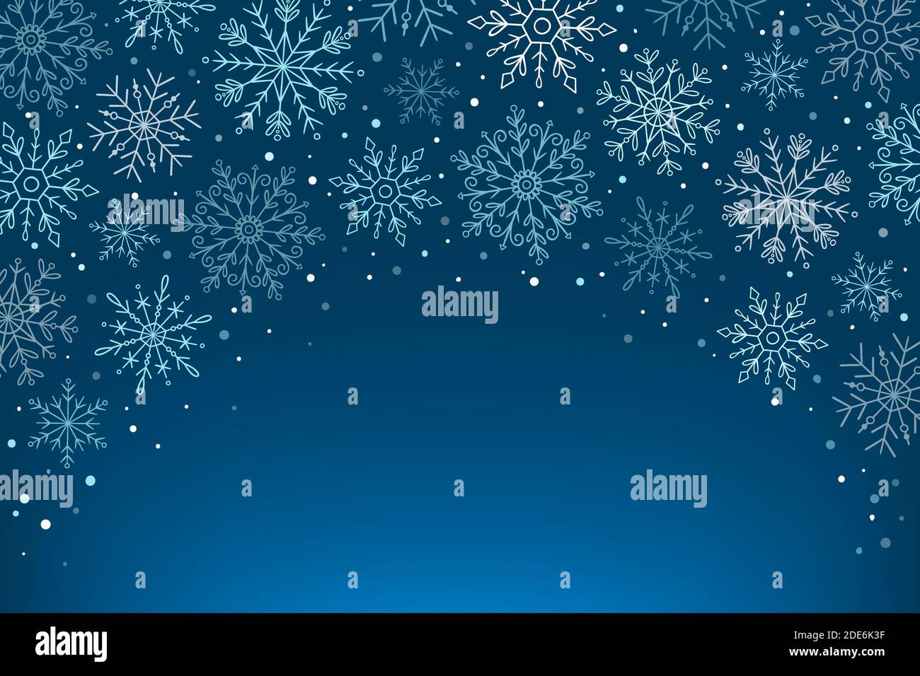 Fond de flocons de neige bleu dessiné à la main. Flocons de neige isolés sur fond bleu. Espace vide pour ajouter du texte. Illustration vectorielle. Illustration de Vecteur