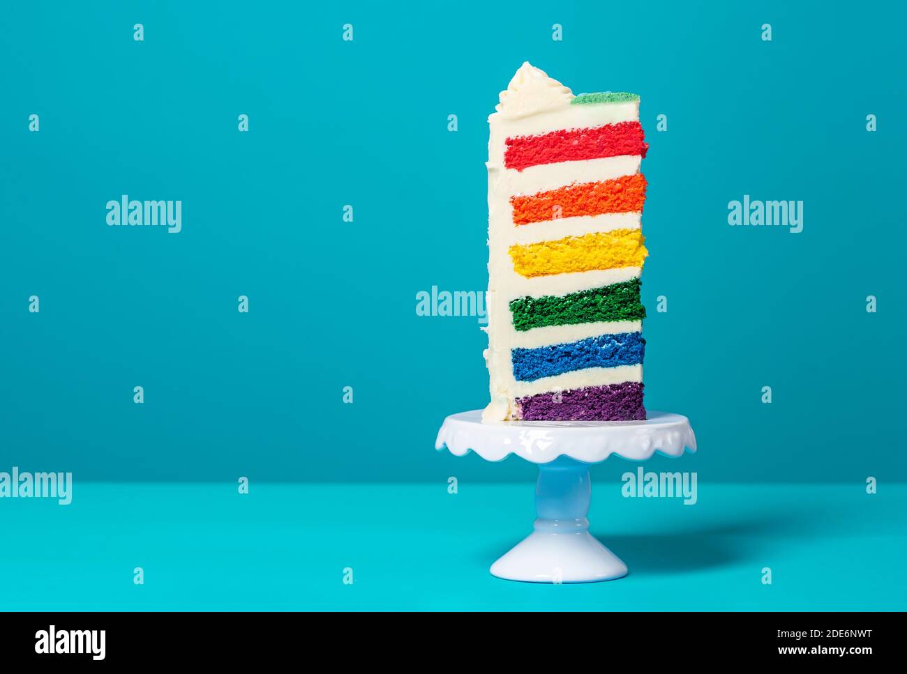 Une Tranche De Gateau D Anniversaire Sur Un Cakestan Blanc Et Minimaliste Sur Un Fond Bleu Gateau Fait Maison Avec Des Couches Multicolores Et De La Creme Au Beurre Photo Stock Alamy