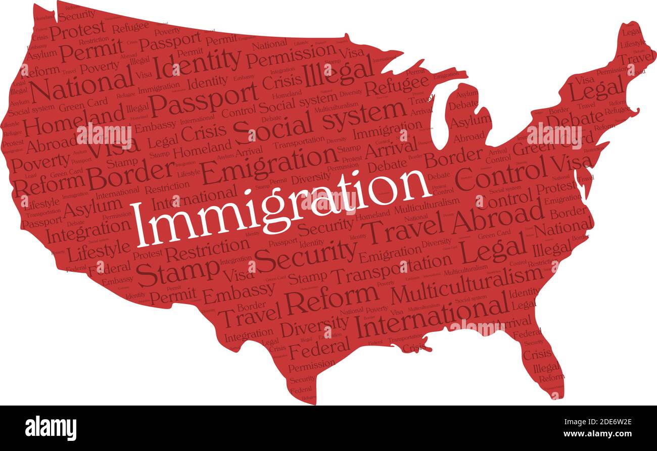 Concept de nuage de mot d'immigration en forme de silhouette des États-Unis. Texte rouge foncé sur la carte rouge avec mot d'immigration éclairé Illustration de Vecteur