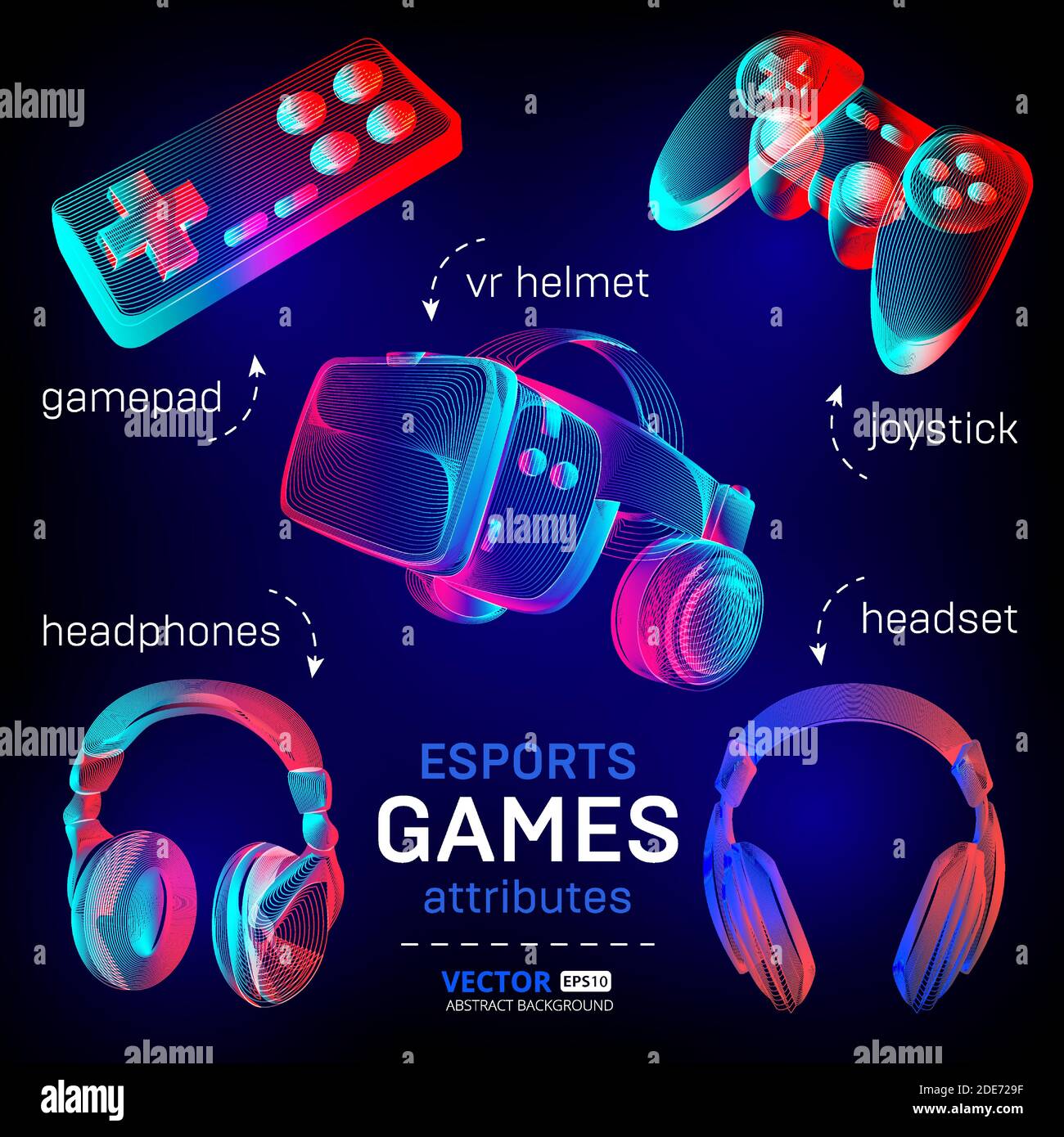 Jeu d'icônes de jeux Cybersport - casque VR abstrait avec lunettes, casque, manette de jeu, joystick. Illustration vectorielle des différents attributs pour RE Illustration de Vecteur