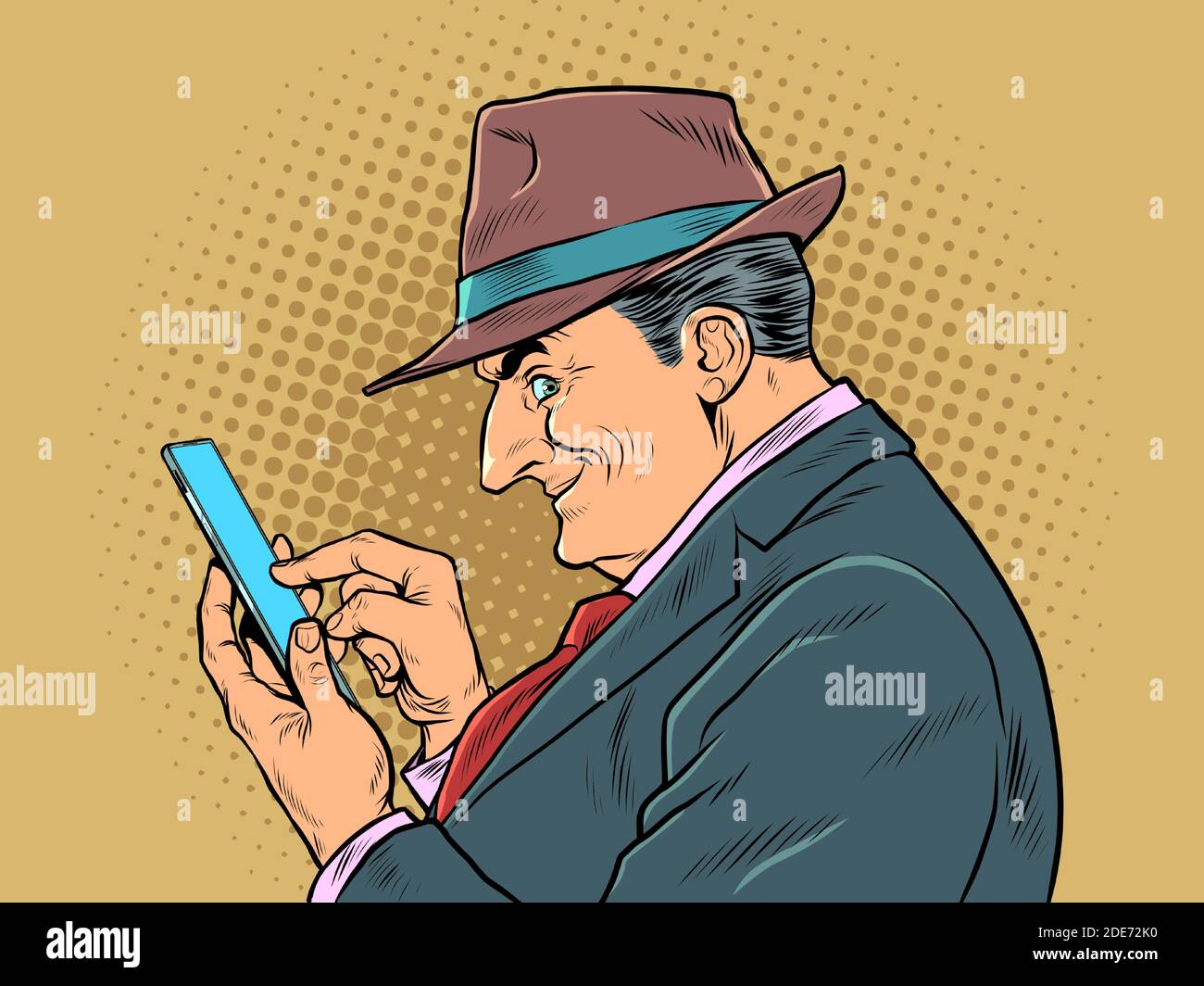 Un homme d'affaires âgé avec un smartphone. Le patron regarde les messages Illustration de Vecteur
