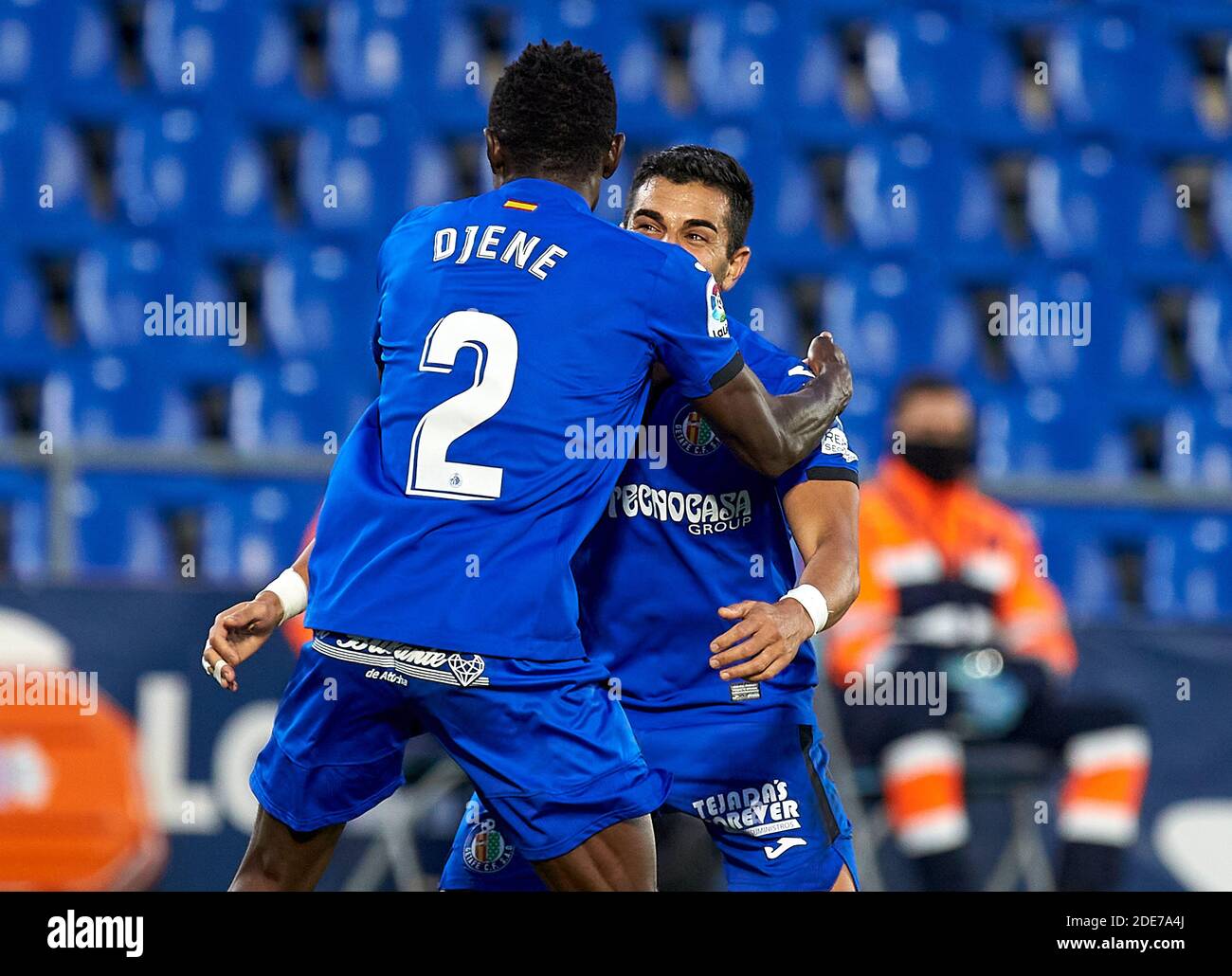 Angel Rodriguez (Getafe CF) et Djene Dakonam célèbrent un but lors du match de la Liga 11 entre Getafe CF et Athletic Club de Bilbao au stade Alfonso Perez.(score final : Getafe CF vs Athletic Club de 1-1) Banque D'Images
