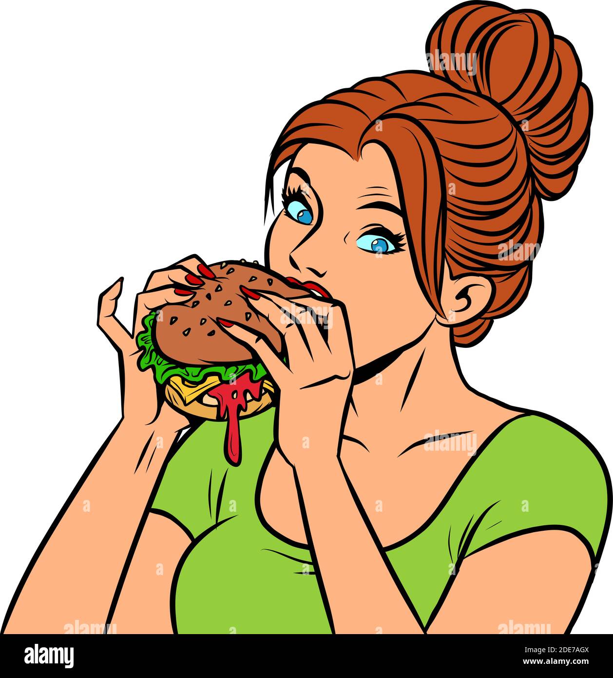 Une femme mange un hamburger Illustration de Vecteur