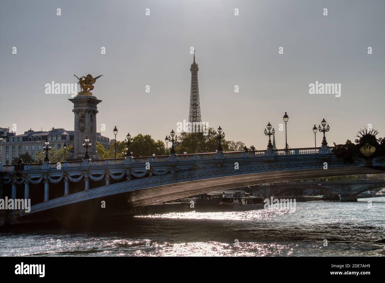 Beau paysage à Paris, France. Coucher de soleil sur le pont Alexandre III au-dessus de la Seine et de la Tour Eiffel en arrière-plan Banque D'Images