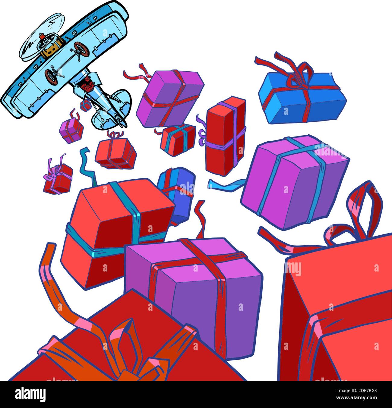 L'avion rétro dépose des boîtes-cadeaux. Isoler sur fond blanc le concept de Noël ou d'anniversaire Illustration de Vecteur