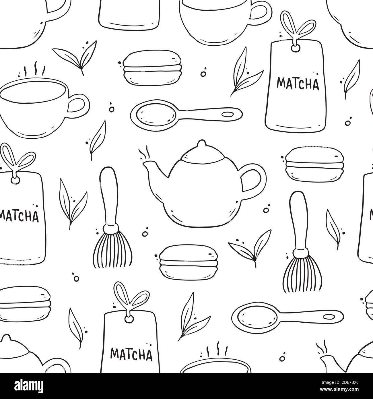 Motif sans couture composé d'ingrédients de thé matcha dessinés à la main et d'éléments de cérémonie traditionnels, tasse, cuillère, feuille de matcha. Illustration de style esquisse Doodle pour l'arrière-plan, le tissu, le papier peint. Illustration de Vecteur