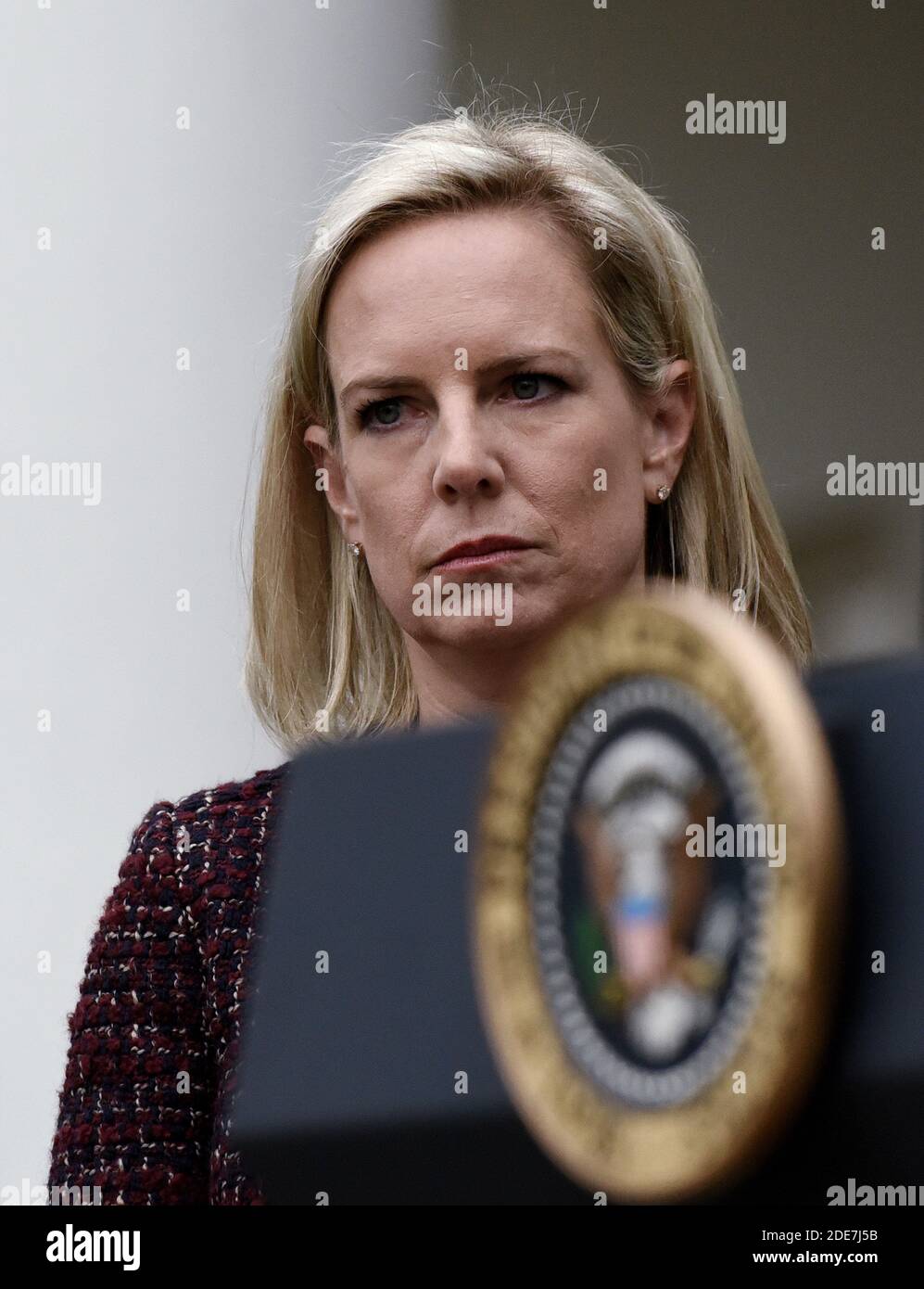Kirstjen Nielsen, secrétaire à la sécurité intérieure, se présente à la Rose Garden de la Maison Blanche le 4 janvier 2019 à Washington. Photo par Olivier Douliery/ABACAPRESS.COM Banque D'Images