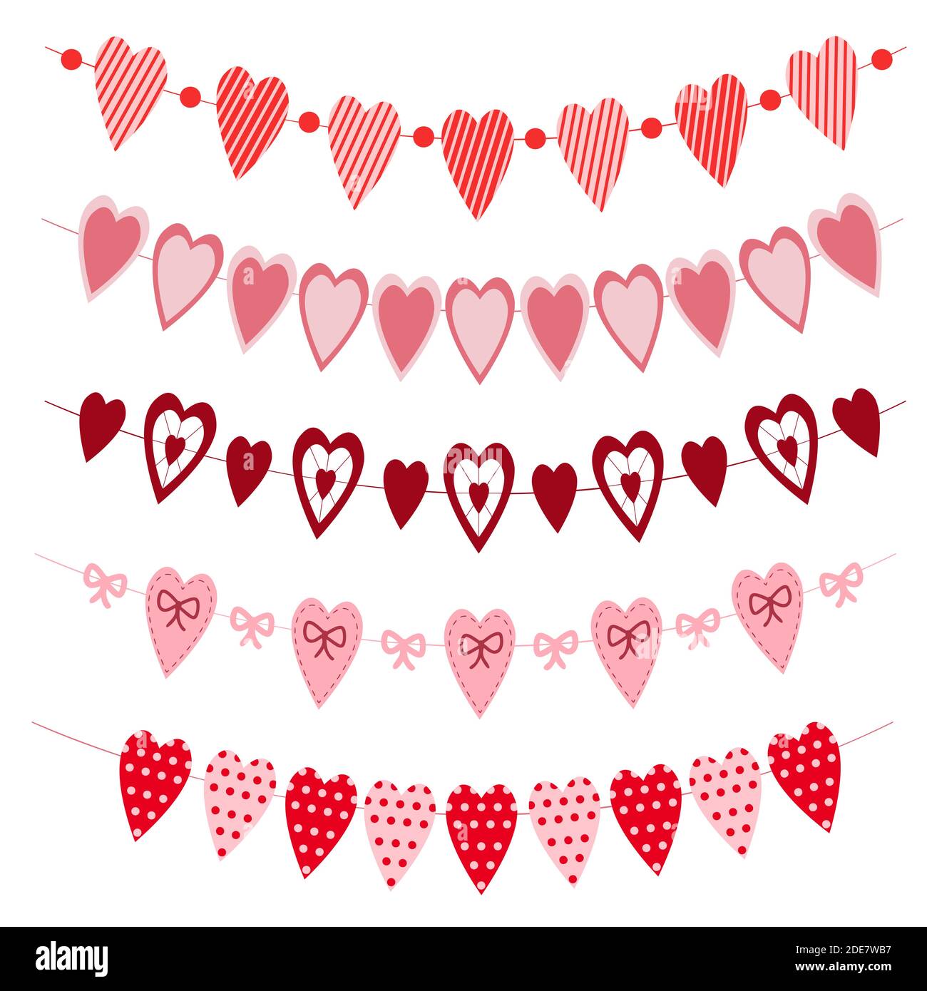 Ensemble de banderoles à coeurs vintage. Guirlande avec drapeaux en forme de coeur pour la fête de la Saint-Valentin, mariage, date romantique. Décorations pour bannières, cartes de vœux et invitations. Illustration vectorielle. Illustration de Vecteur