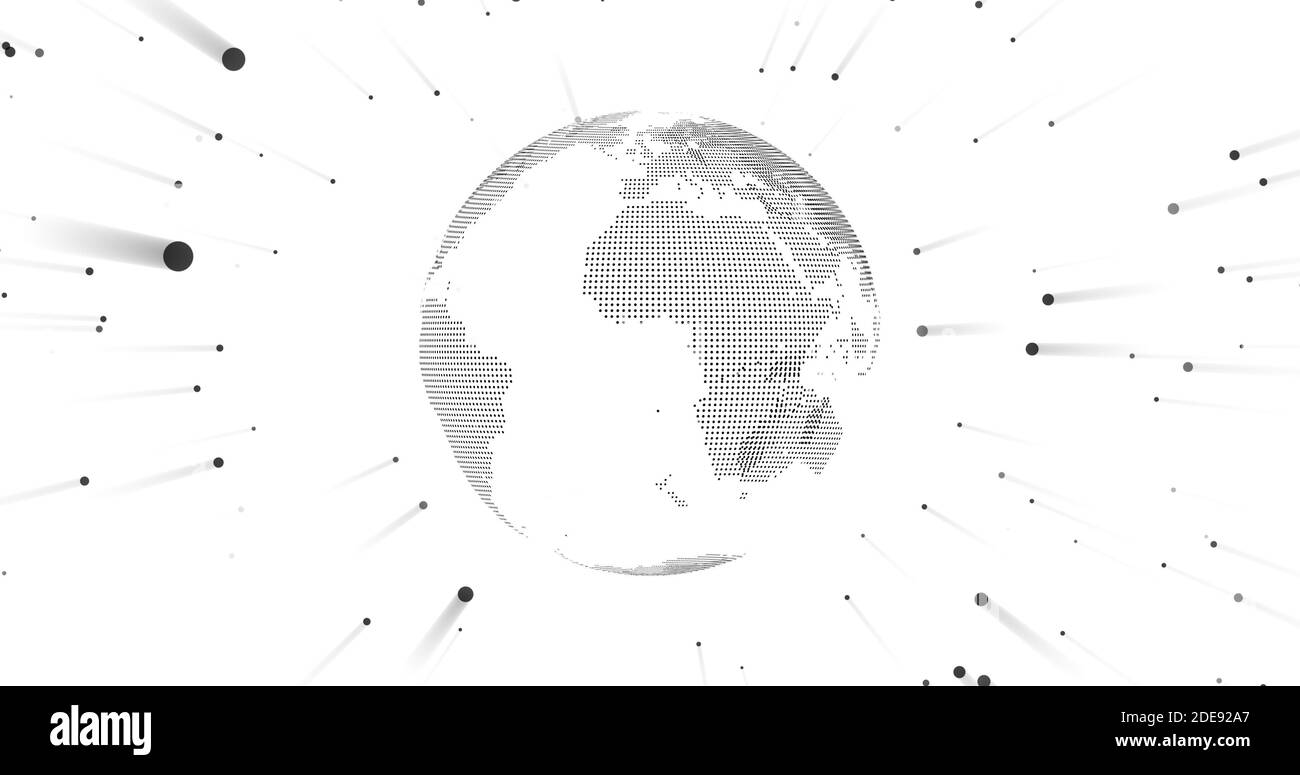 Isolant de masse Techy sur blanc. Terre noire et blanche. Particule de point montrant la connectivité Internet dans le monde entier. idéal pour la présentation vidéo Banque D'Images
