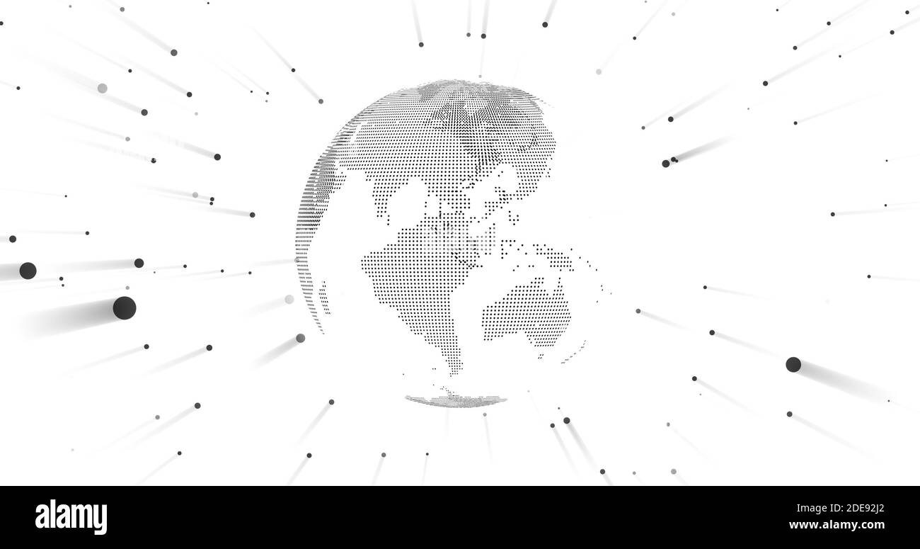 Isolant de masse Techy sur blanc. Terre noire et blanche. Particule de point montrant la connectivité Internet dans le monde entier. idéal pour la présentation vidéo Banque D'Images