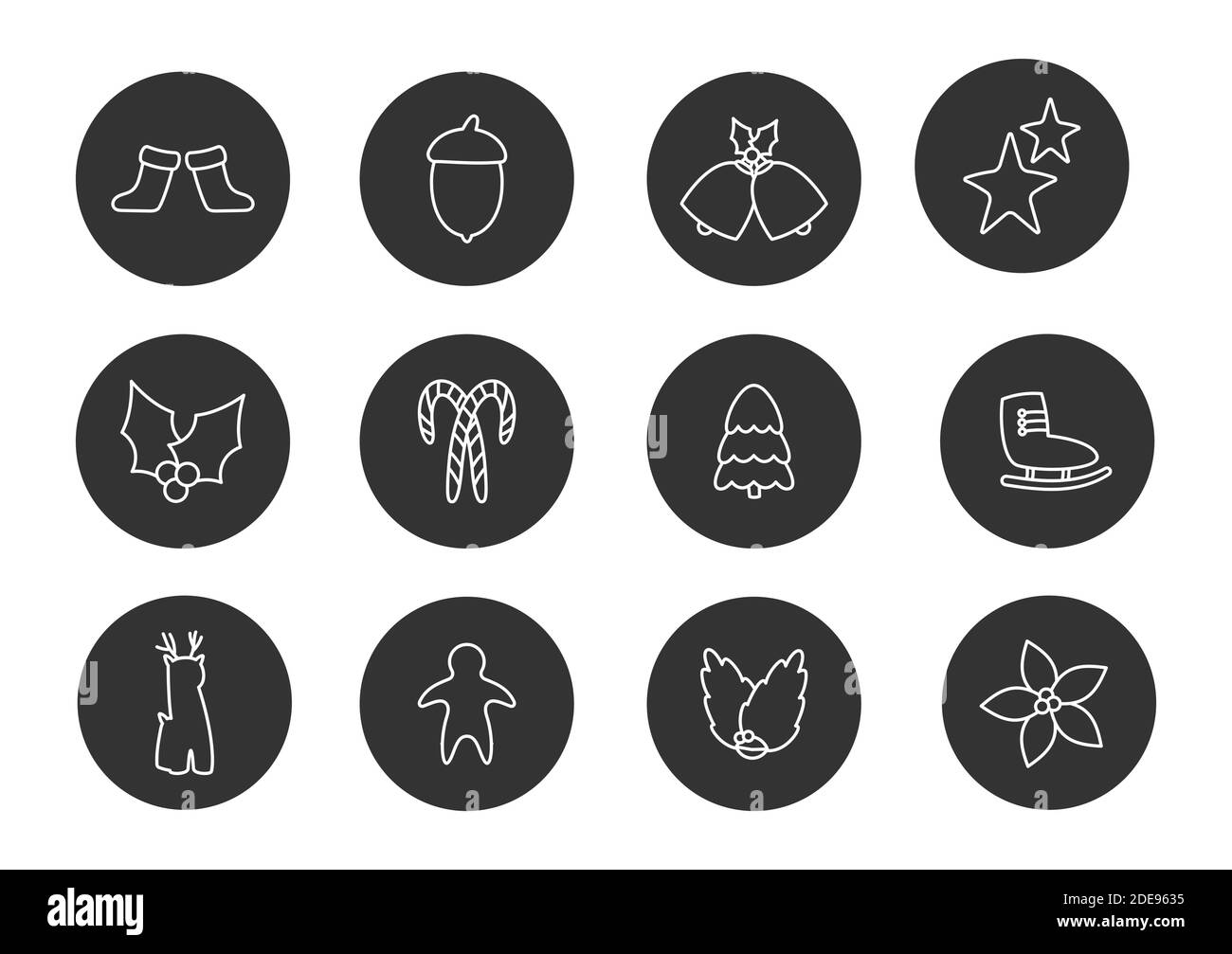 Ensemble d'icônes de glyphes de Noël. Silhouettes symboles des chaussettes, étoiles, arbre de noël, cloches des fêtes d'hiver. Logo Noël bouton, panneaux web, paquet de pictogrammes. Modèles isolés sur une illustration vectorielle blanche Illustration de Vecteur