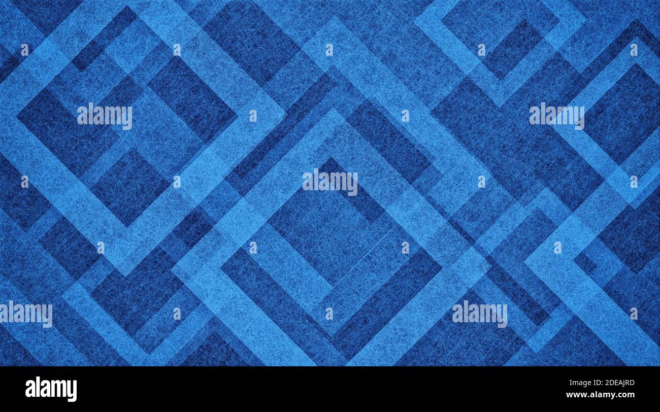 Motif abstrait bleu de fond avec des formes de losange ou carrées superposées dans un motif géométrique abstrait dans des cadres de texture blanc transparent, art la moderne Banque D'Images