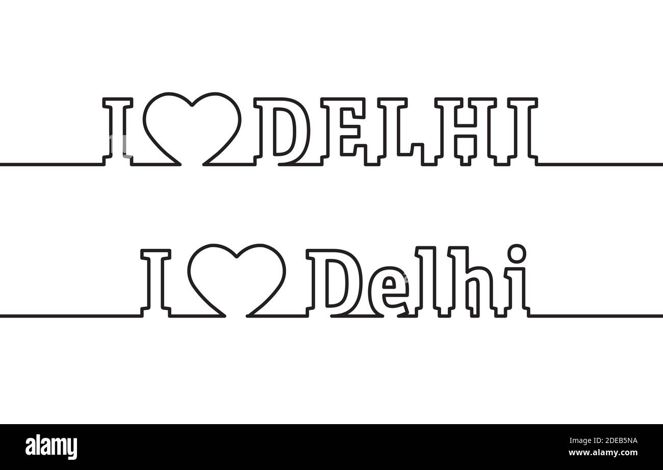 J'ADORE DELHI. Le nom de la capitale de l'État de l'Inde est tracé avec des lignes de contour. Style plat. Illustration de Vecteur