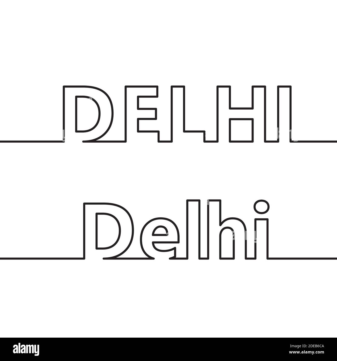 DELHI. Le nom de la capitale de l'État de l'Inde est tracé avec des lignes de contour. Style plat. Illustration de Vecteur