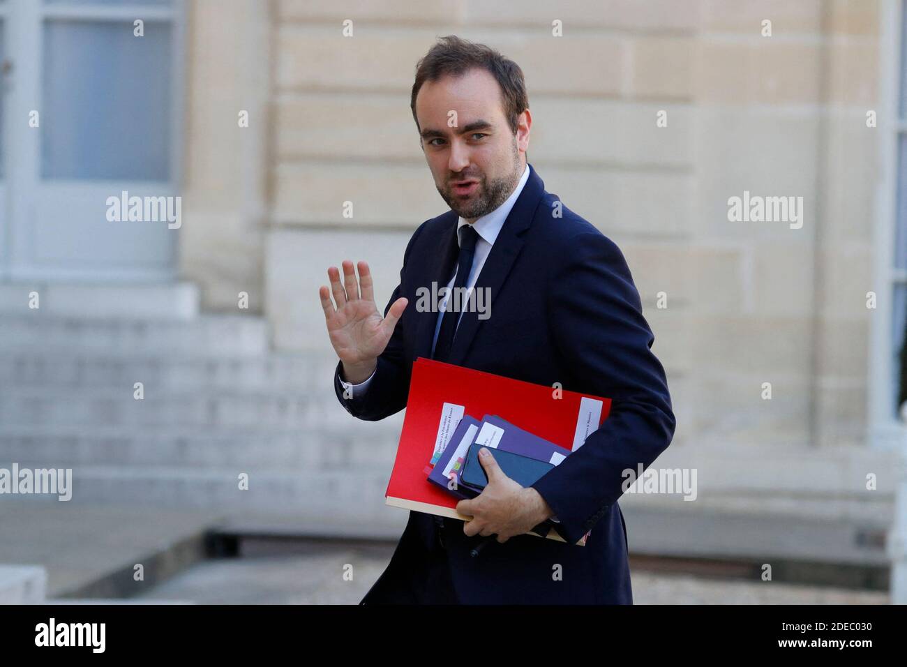 Ministre en aide au ministre de la cohésion territoriale Sébastien Lecornu arrivant à la rencontre pour le "Grand débat" le président français Emmanuel Macron au Palais de l'Elysée, Paris, France, le 29 mars 2019. Photo de Henri Szwarc/ABACAPRESS.COM Banque D'Images