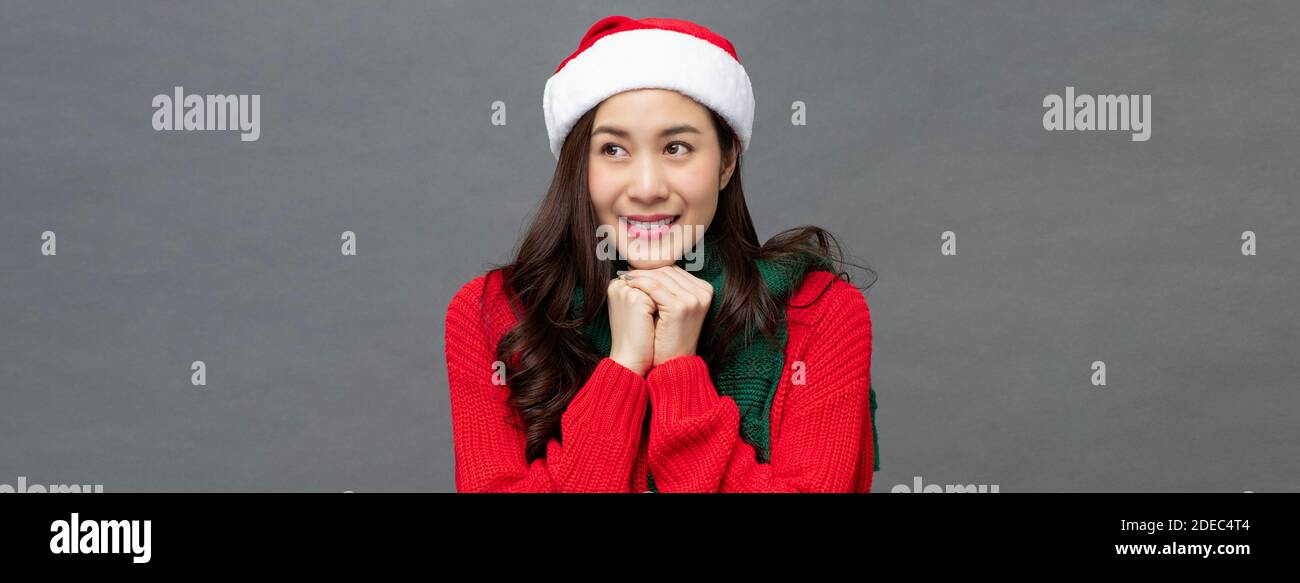 Portrait de studio d'une femme asiatique excitée portant une tenue de noël dans un geste d'anticipation sur fond de bannière grise Banque D'Images