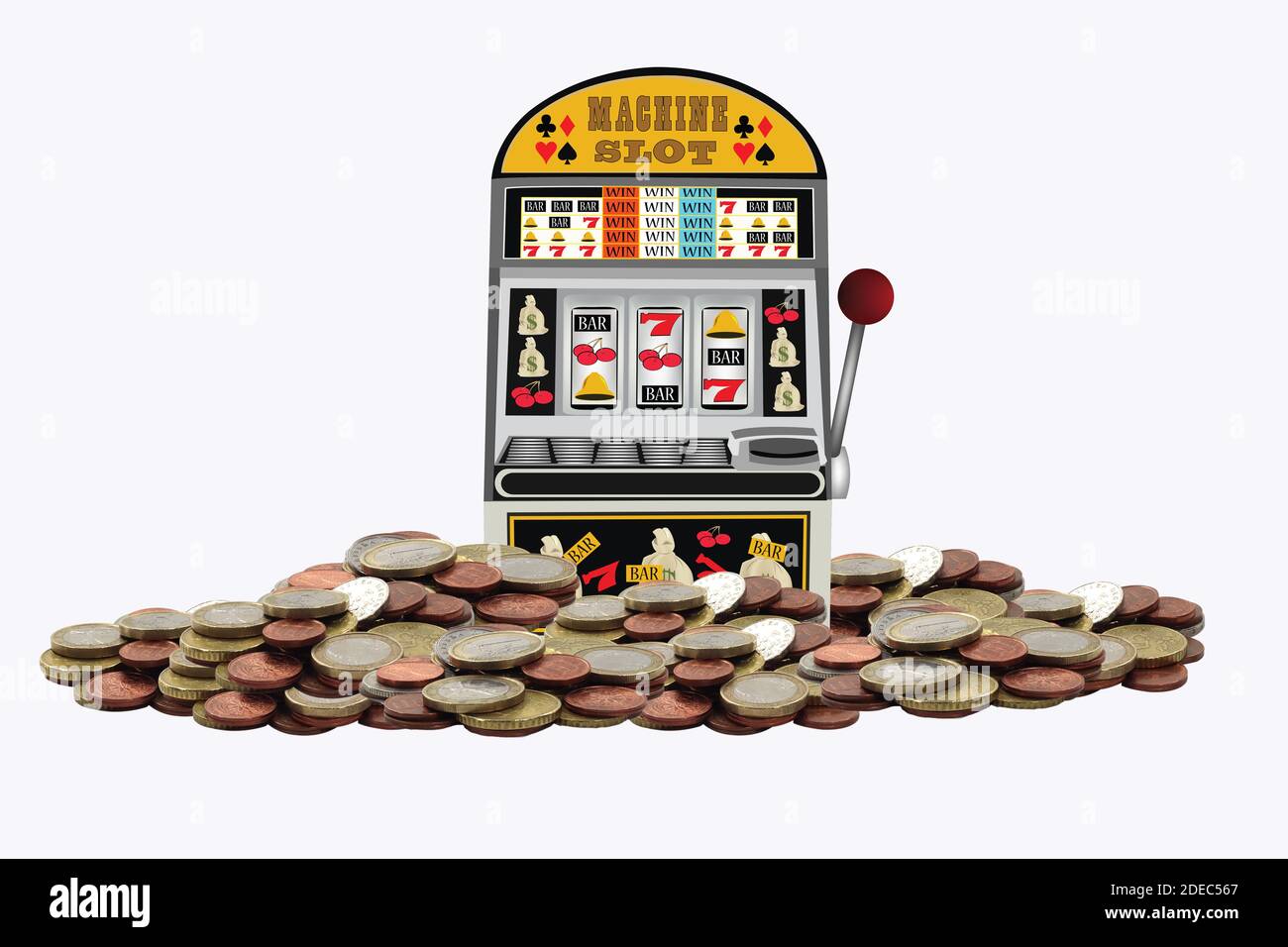 Un gros plan d'une machine à sous sur une pièce Euro pile isolée sur un fond blanc - concept de jeu Banque D'Images