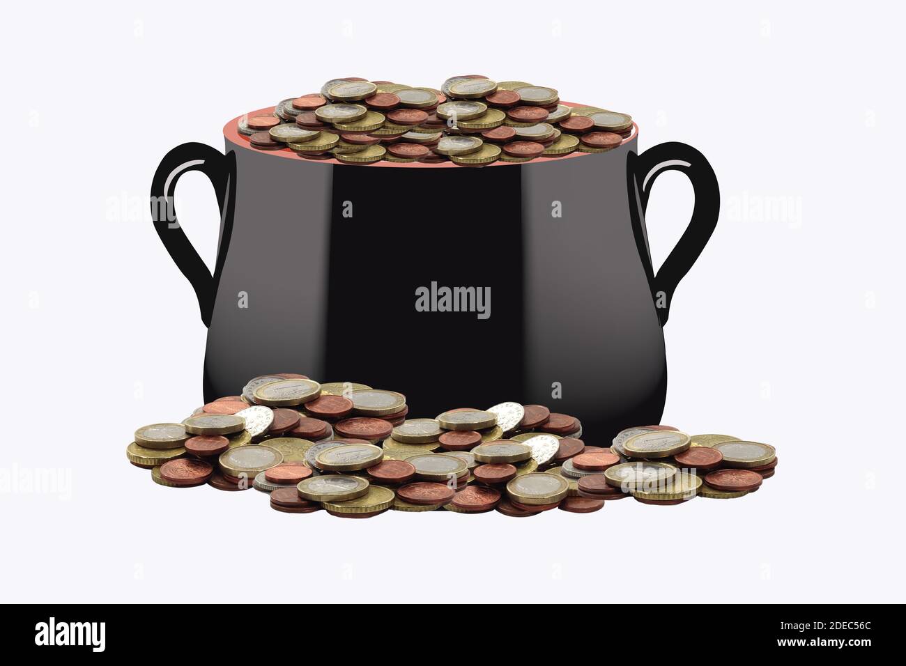 Un gros plan de pièces en euros dans une carafe noire isolée sur fond blanc Banque D'Images