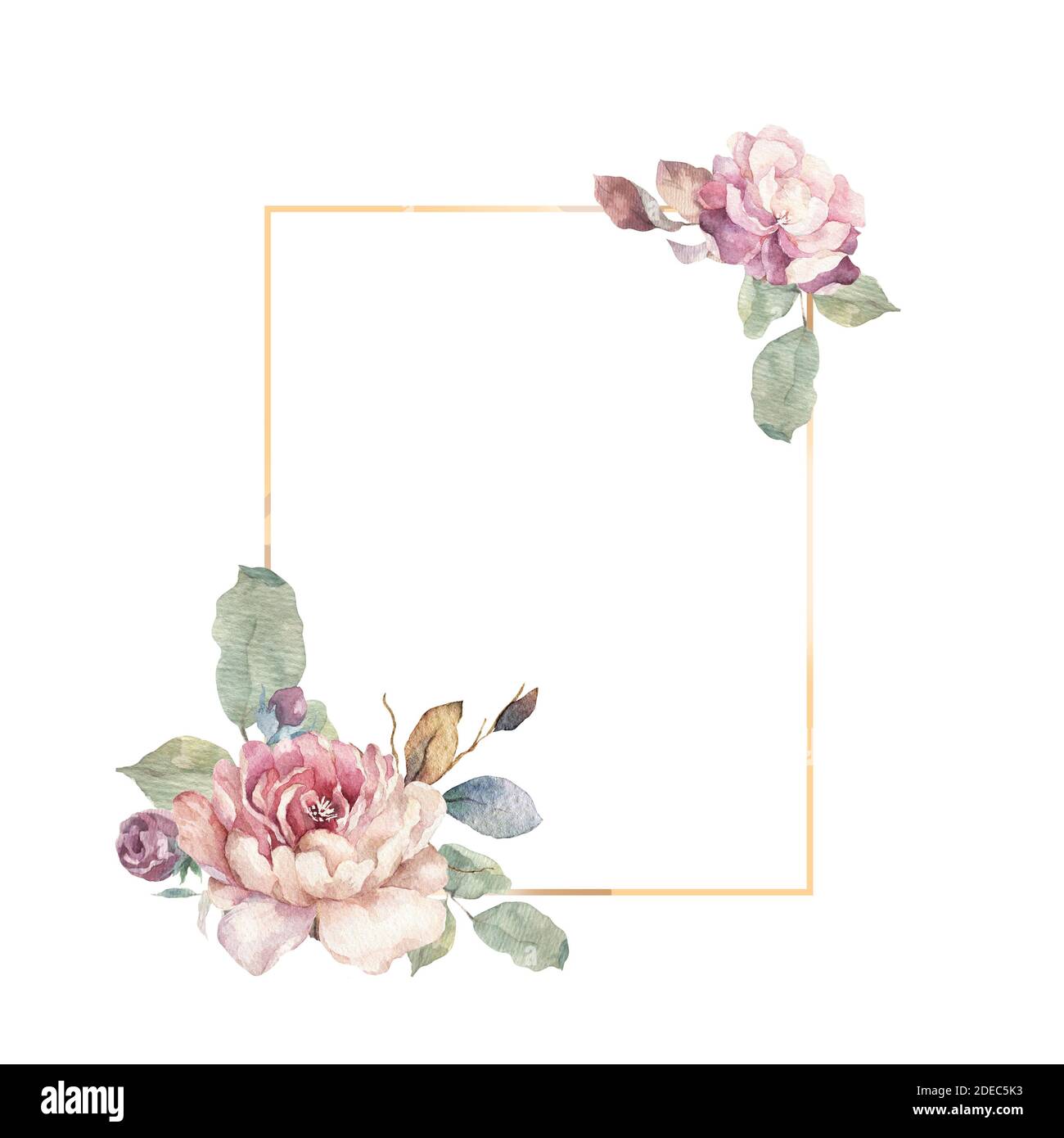 Invitation à un mariage, fleurs roses avec feuilles et carte d'invitation à fleurs, bouwuet à imprimé géométrique doré. Arrière-plan blanc Banque D'Images