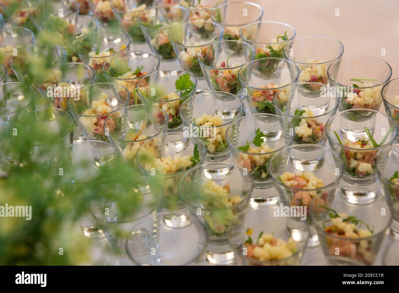 Portions individuelles de cocktails de poisson sur une table de buffet Banque D'Images