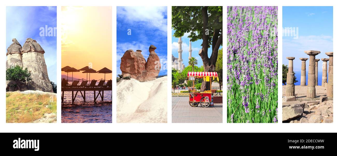 Collection de bannières verticales avec des sites de la Turquie. Fairy Chimney et Camel rock dans la vallée de Pasabag, Cappadoce, colonnes du temple d'Athena à Aso Banque D'Images Collection de bannières verticales avec des sites de la Turquie. Fairy Chimney et Camel rock dans la vallée de Pasabag, Cappadoce, colonnes du temple d'Athena à Aso Banque D'Images