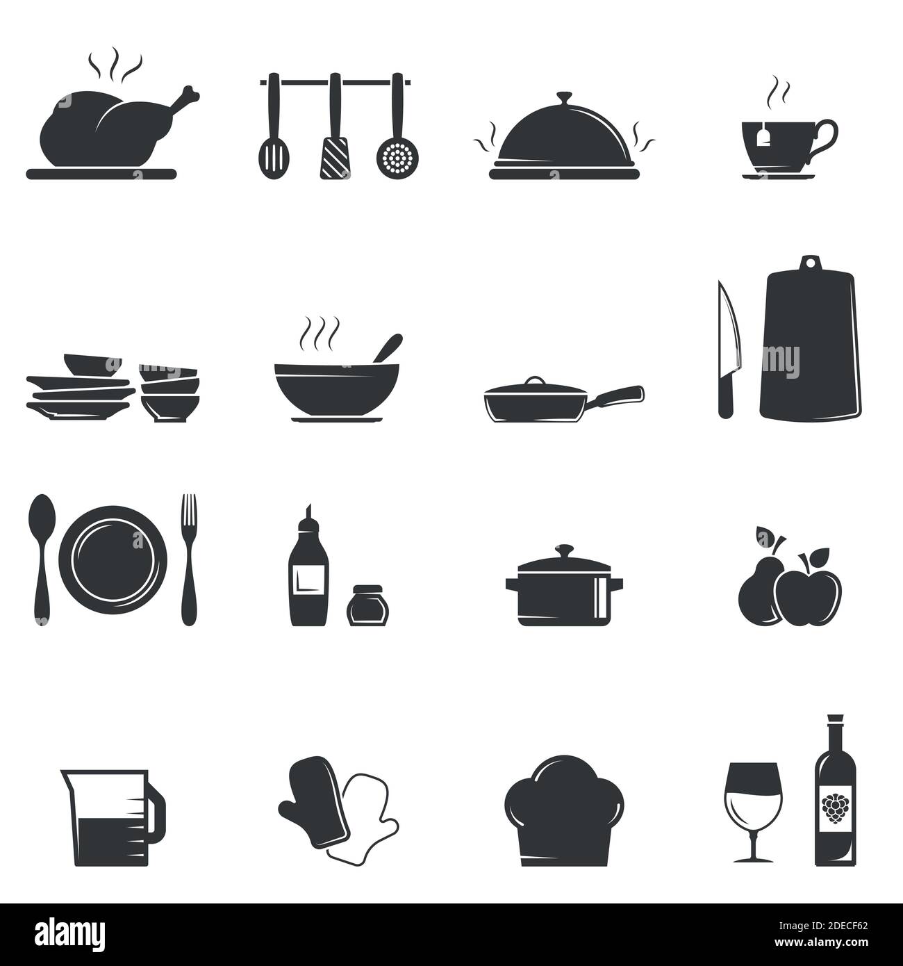 Ensemble d'icônes vectorielles noires, isolées sur fond blanc. Illustration plate sur un thème cuisine et cuisine Illustration de Vecteur