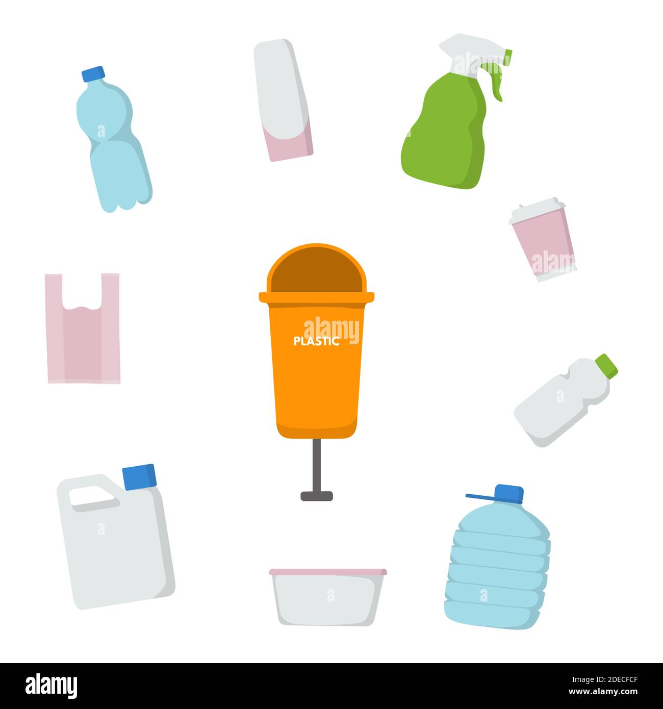Kit de tri des déchets. Illustration vectorielle. Poubelle orange pour  plastique. Bouteille, boisson, sac, cosmétiques, bouteille de shampooing en  aérosol Image Vectorielle Stock - Alamy