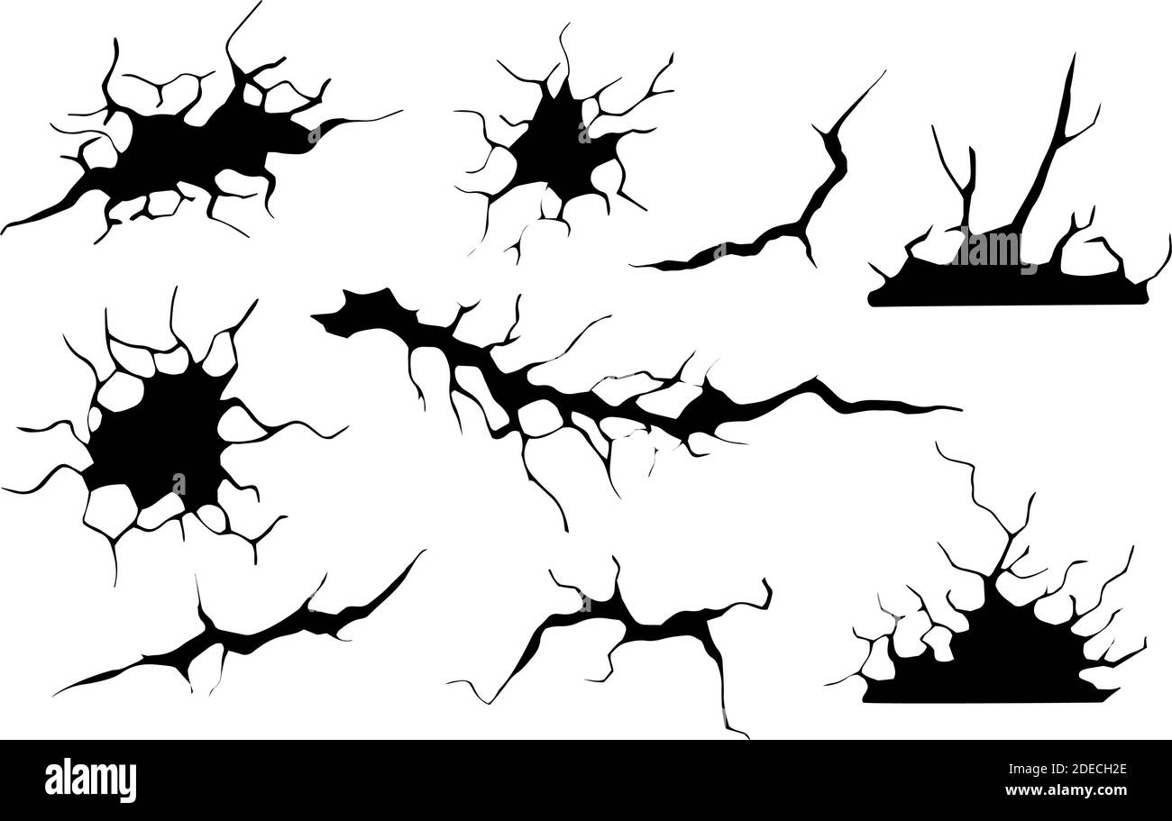 Jeu de fissures de masse. Tremblement de terre et fissures de terre, effet de trou, craquelure et texture de mur endommagée. Illustrations vectorielles tremblement de terre, accident, destruction Illustration de Vecteur