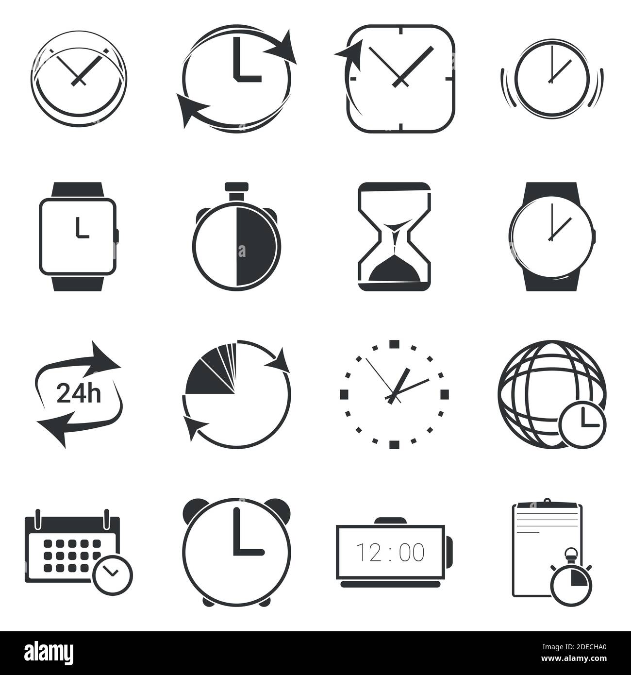 Icônes heure et horloge sur fond blanc Illustration de Vecteur