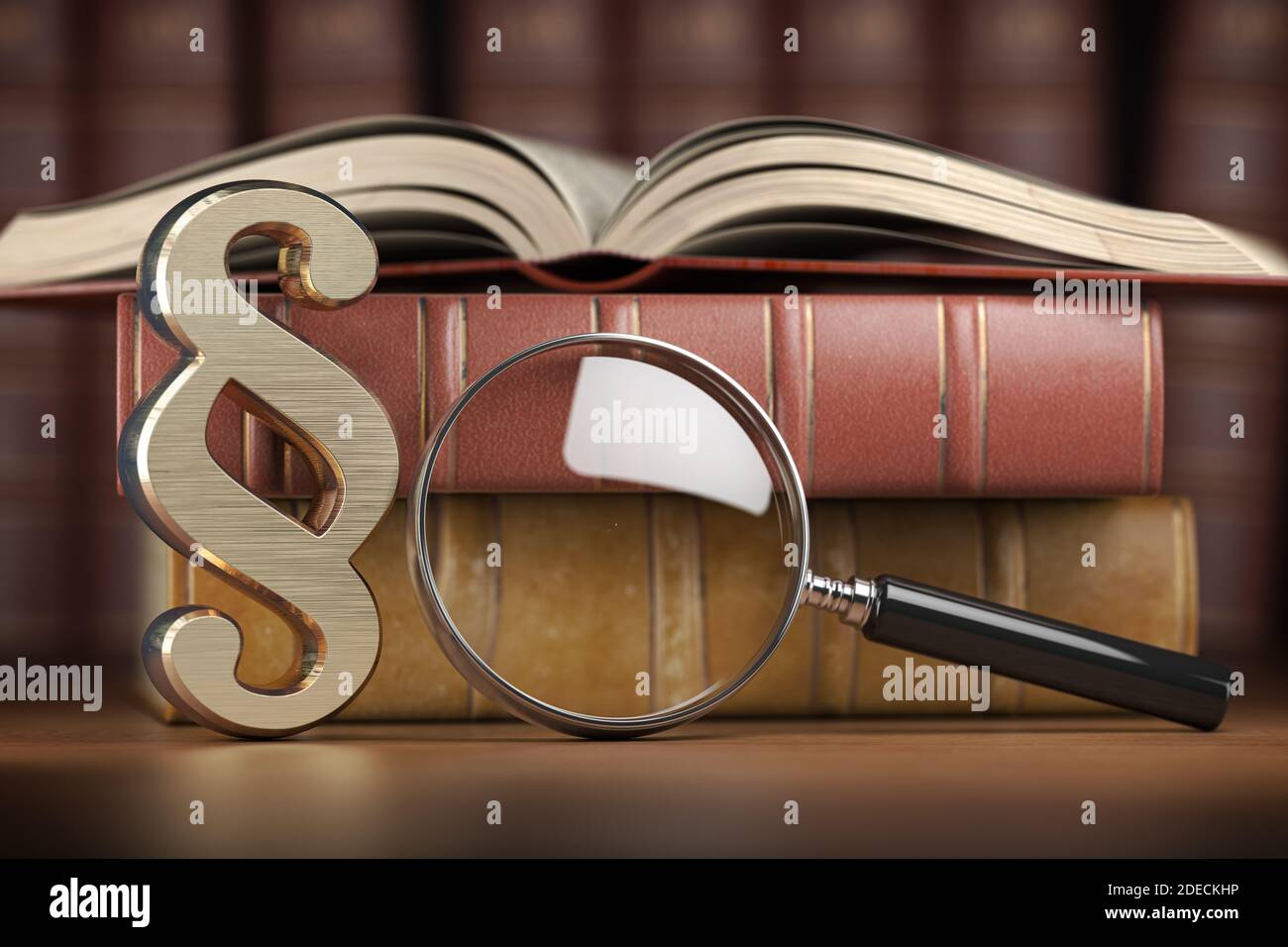 Panneau de paragraphe avec loupe et livres. Recherche, justice et droit. illustration 3d Banque D'Images