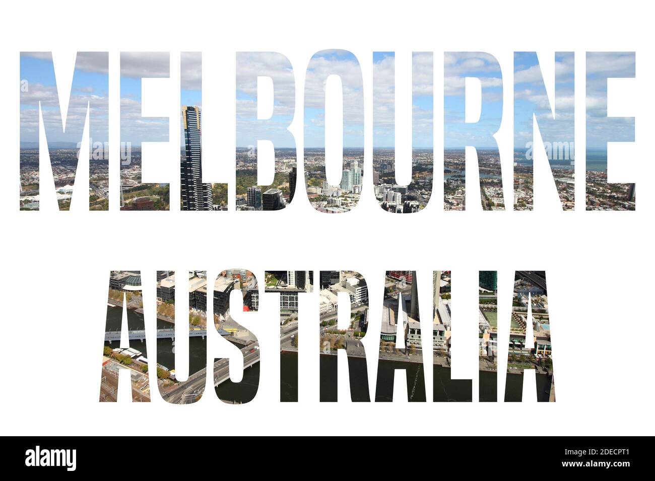 Melbourne, Australie - signe du nom de la ville avec photo en arrière-plan. Isolé sur blanc. Banque D'Images