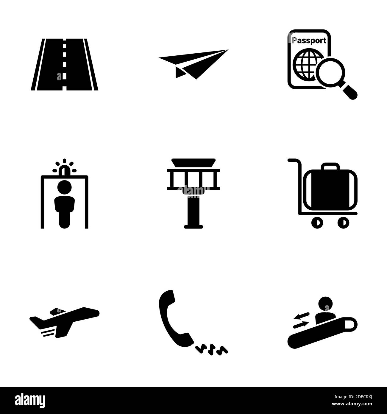 Ensemble d'icônes simples sur un thème aéroport, piste, avion, transport, vecteur, set. Icônes noires isolées sur fond blanc Illustration de Vecteur