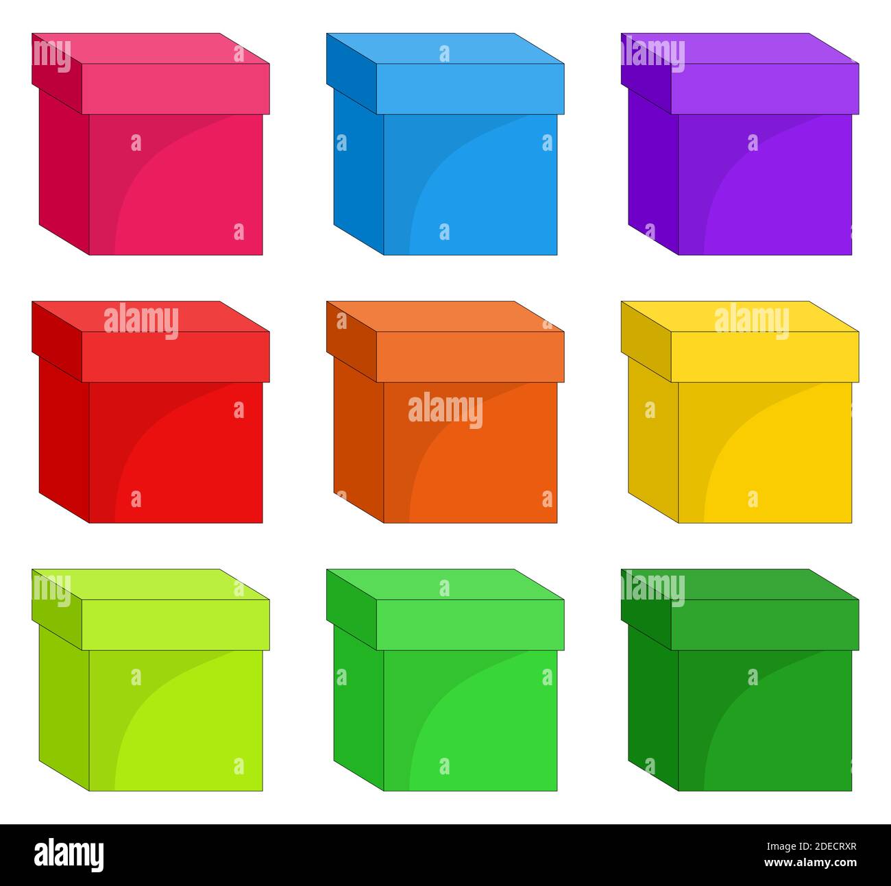 Ensemble de boîtes. Collection de carton d'entrepôt fermé coloré. Image couleur de l'emballage. Illustration vectorielle des cubes de papier isolés sur du blanc. Vide Illustration de Vecteur