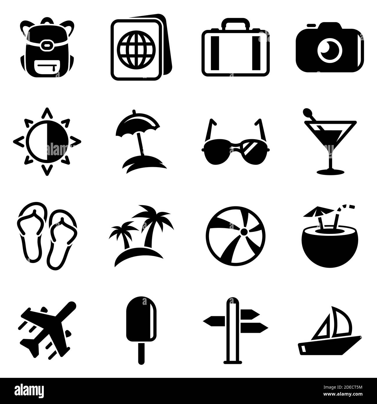 Ensemble d'icônes simples sur un thème Voyage, été, chaleur, glace, pantoufles, divertissement, plage, vecteur, design, plat, signe, symbole, objet, illustrati Illustration de Vecteur