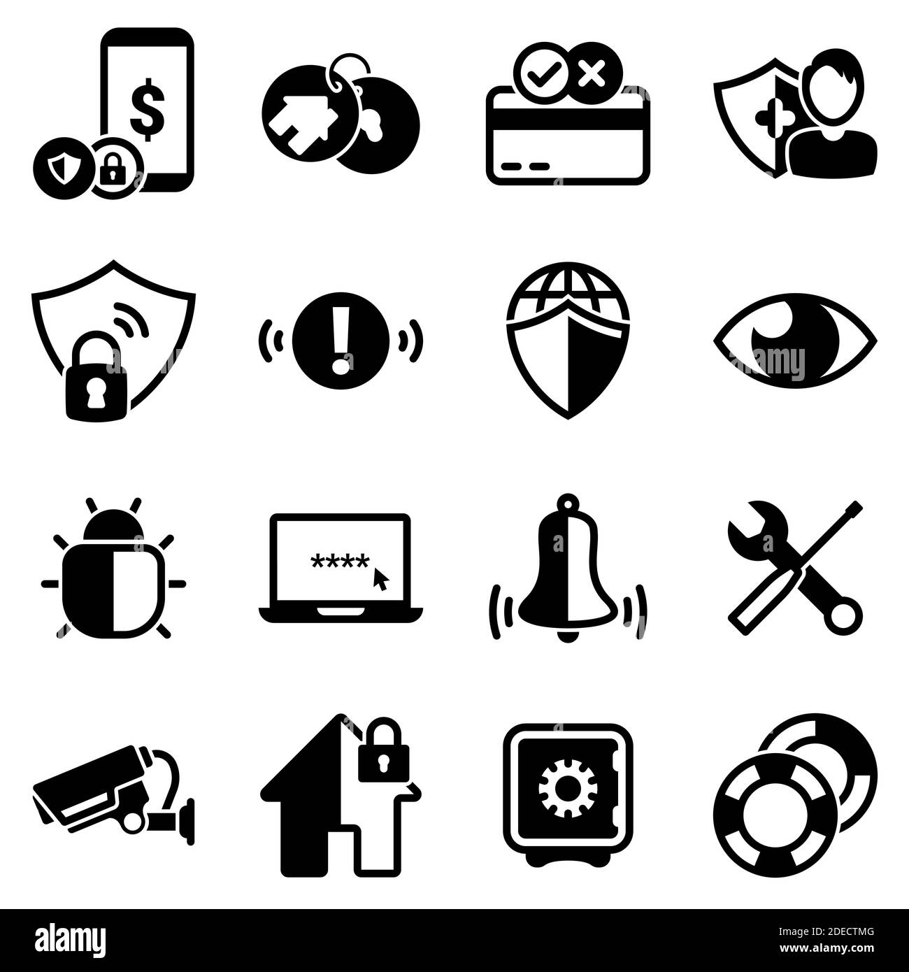 Ensemble d'icônes simples sur un thème sécurité, carte de crédit, assurance, Internet, surveillance, maison, notification, vecteur, plat, signe, web, symbole, objet. Illustration de Vecteur