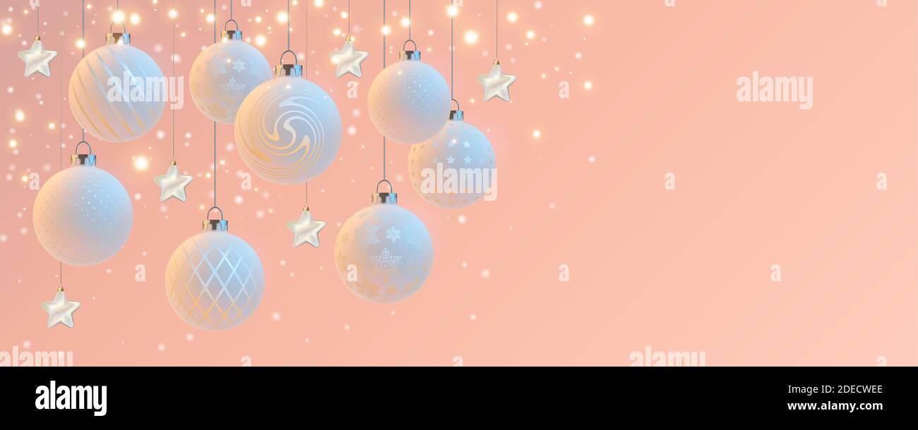 Joyeux Noël et bonne année bannière réaliste avec décorations de Noël. Illustration 3D Banque D'Images