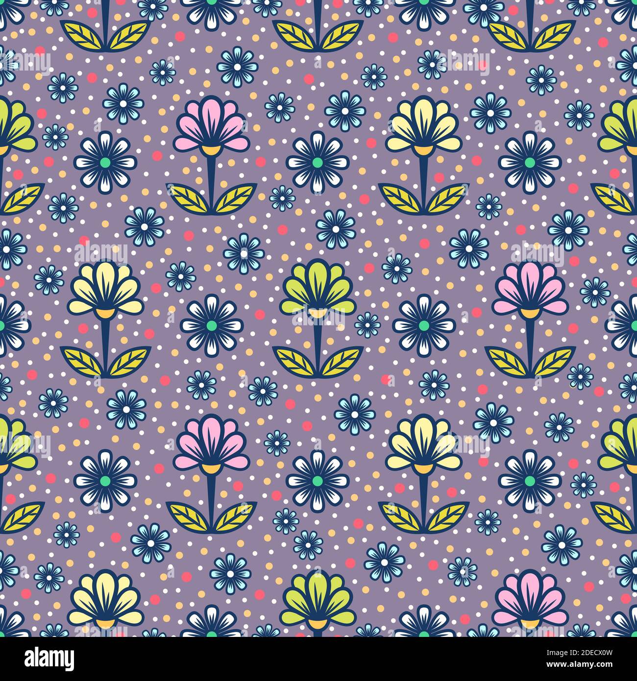 Motif fleuri sans couture, arrière-plan abstrait et coloré. Jolie fleur multicolore avec pétales sur les tiges et feuilles sur fond violet moucheté . Pour Illustration de Vecteur