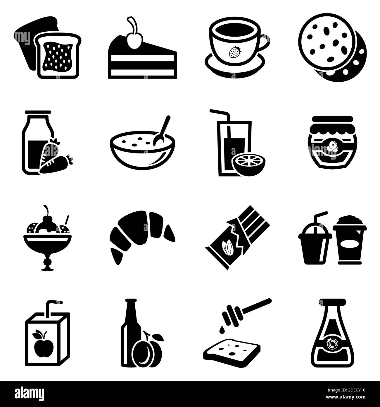 Ensemble d'icônes simples sur un thème Sweets, boissons, nourriture, vecteur, design, collection, plat, signe, symbole, élément, objet, illustration. Les icônes noires s'isolent Illustration de Vecteur