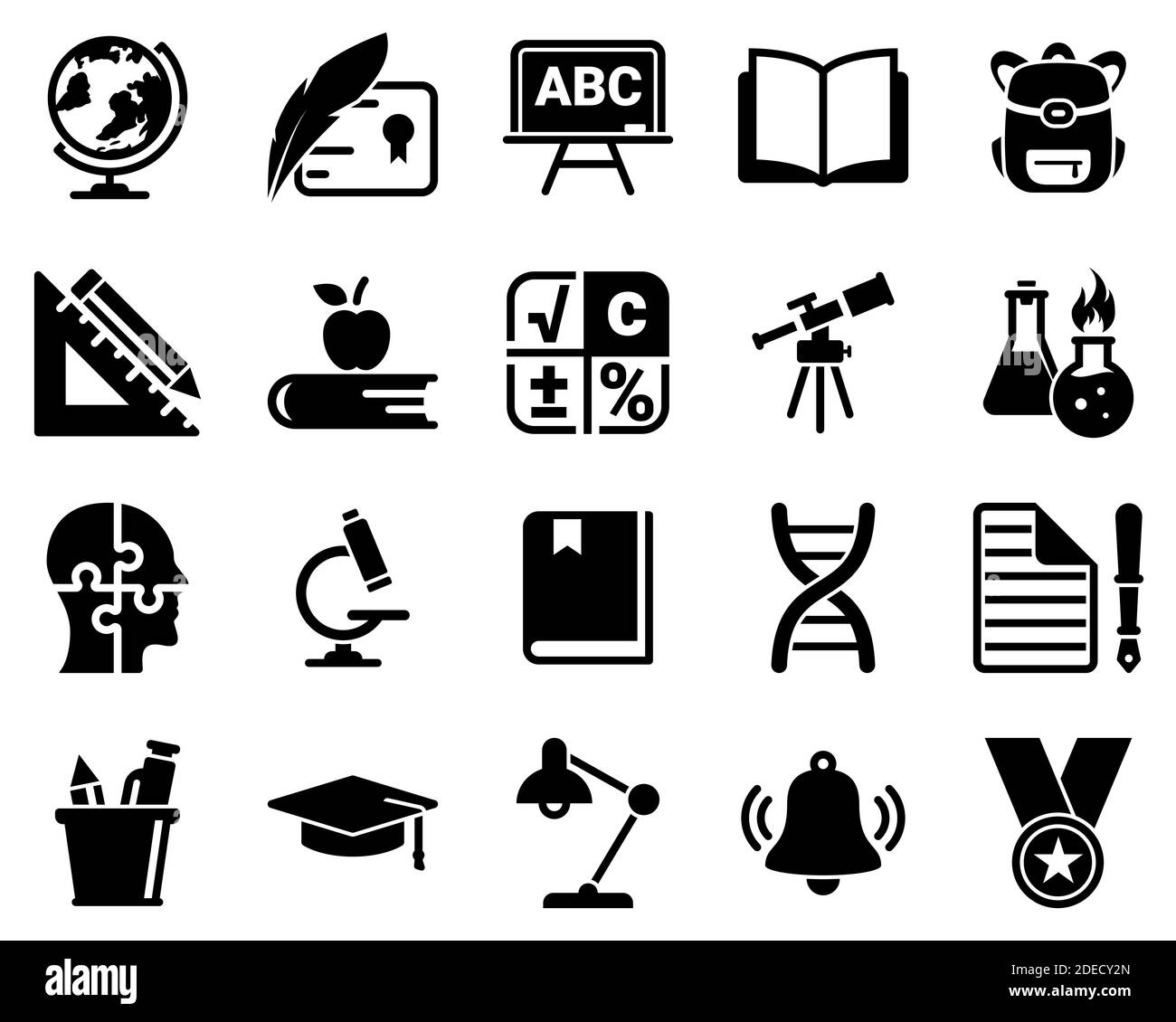 Ensemble d'icônes simples sur un thème École, éducation, éducation, vecteur, conception, collection, plat, signe, symbole, élément, objet, illustration. Icônes noires Illustration de Vecteur