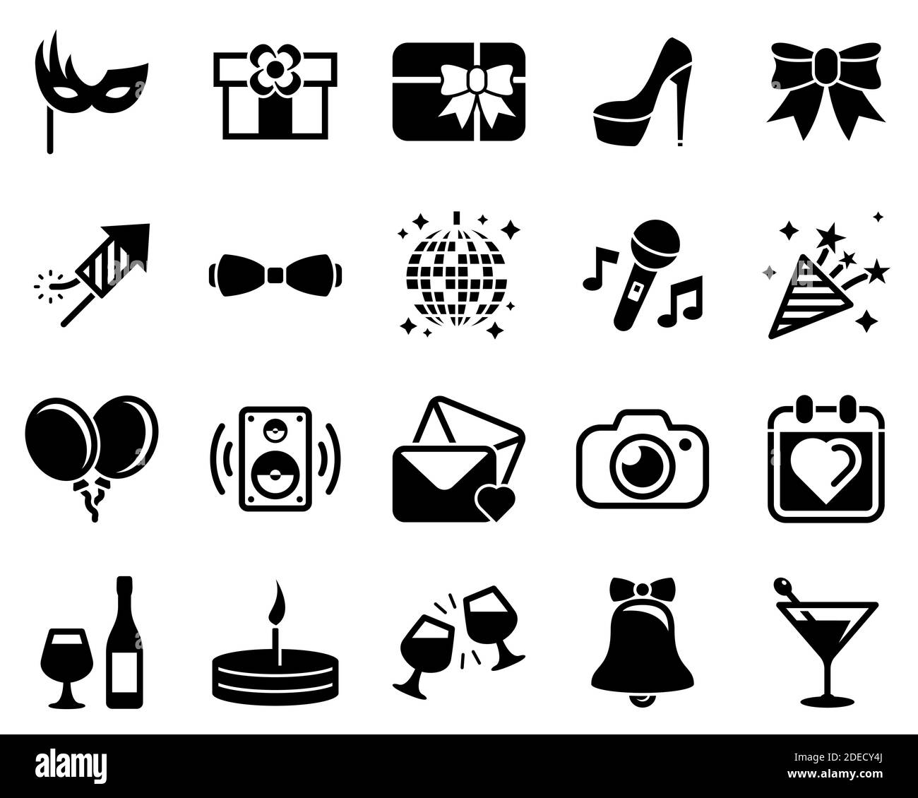 Ensemble d'icônes simples sur un thème Fête, anniversaire, vacances, vecteur, conception, collection, plat, signe, symbole, élément, objet, illustration. Les icônes noires sont Illustration de Vecteur