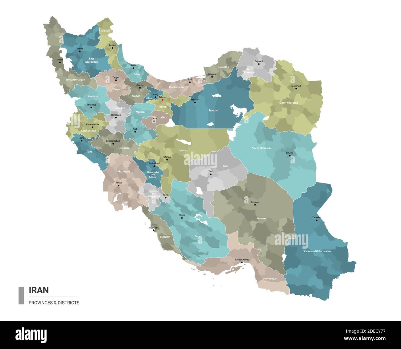 Iran higt carte détaillée avec subdivisions. Carte administrative de l'Iran avec le nom des districts et des villes, colorée par les États et les districts administratifs. V Illustration de Vecteur