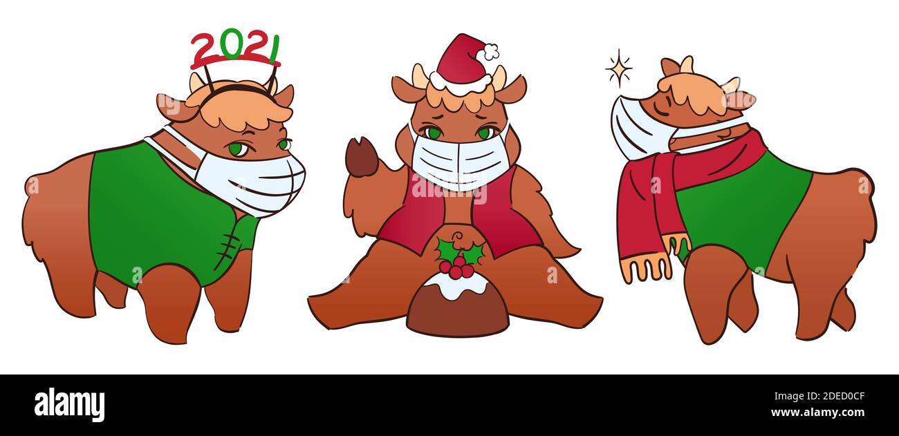 Personnages animaux mignons pour Noël 2021. Symboles taureaux de style dessin animé. Trois kawaii oxes dans les masques contre COVID, isolé Illustration de Vecteur