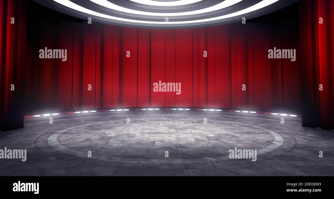 Prise de vue complète d'un fond de théâtre virtuel avec rideau rouge, idéale pour les spectacles en direct ou les événements musicaux. Toile de fond de rendu 3D adaptée au système de suivi VR Banque D'Images