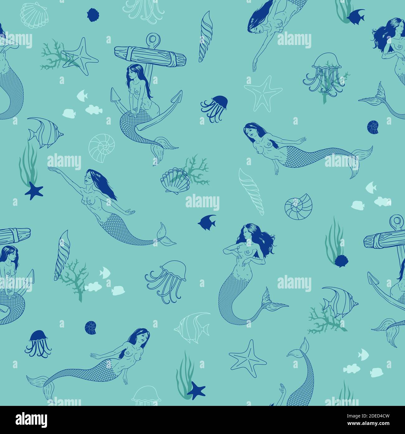 Motif vectoriel sans couture avec de belles mermaids et éléments décoratifs de la mer comme roue, coquillages, ancre, poisson Illustration de Vecteur