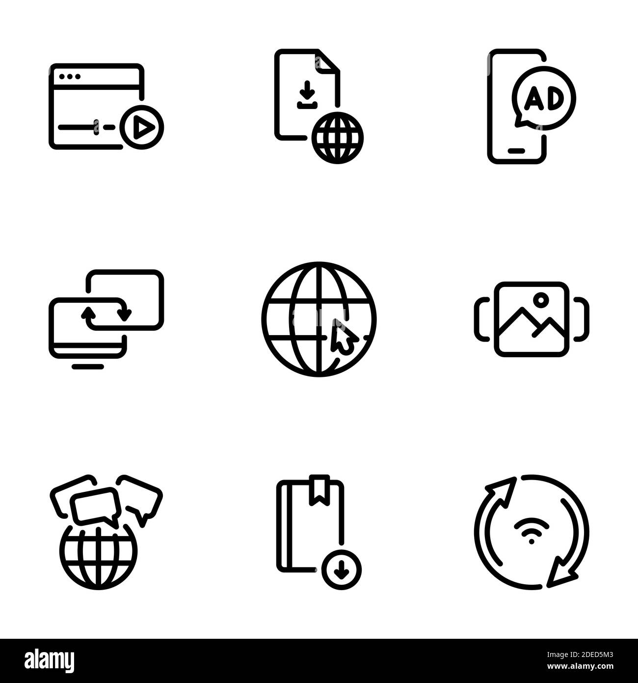 Ensemble d'icônes vectorielles noires, isolées sur fond blanc, sur le thème du contenu Internet Illustration de Vecteur