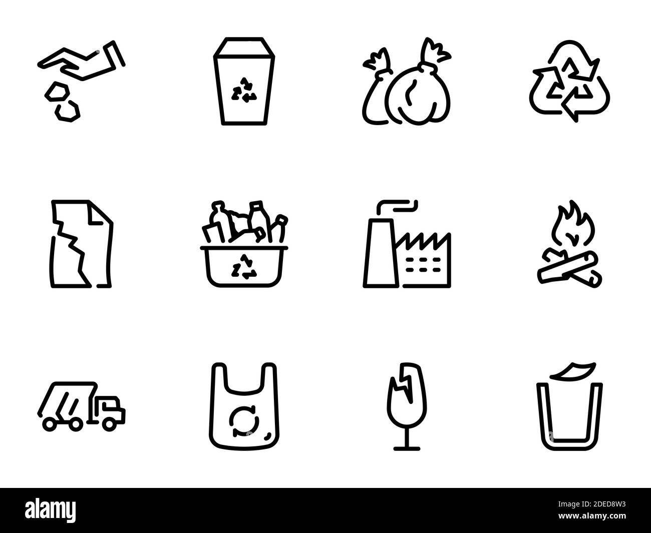 Ensemble d'icônes vectorielles noires, isolées sur fond blanc, sur le thème recyclage et enlèvement des ordures dans la décharge Illustration de Vecteur