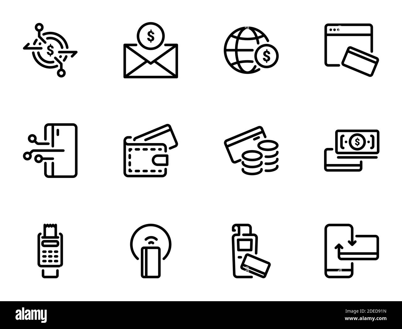 Ensemble d'icônes vectorielles noires, isolées sur fond blanc. Illustration sur un thème paiement par carte en ligne Illustration de Vecteur