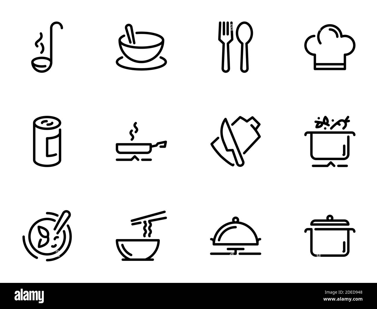 Ensemble d'icônes vectorielles noires, isolées sur fond blanc, sur le thème préparation des ingrédients pour la cuisson de la soupe Illustration de Vecteur