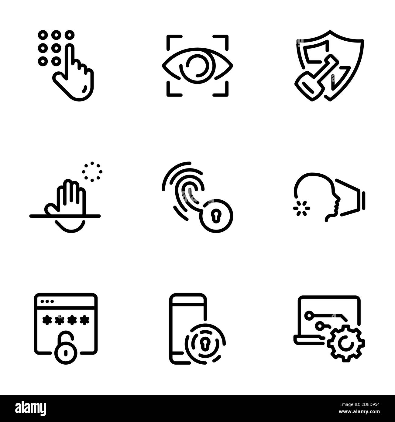 Ensemble d'icônes vectorielles noires, isolées sur fond blanc. Illustration sur un thème méthodes de vérification de mot de passe et de protection des informations personnelles Illustration de Vecteur