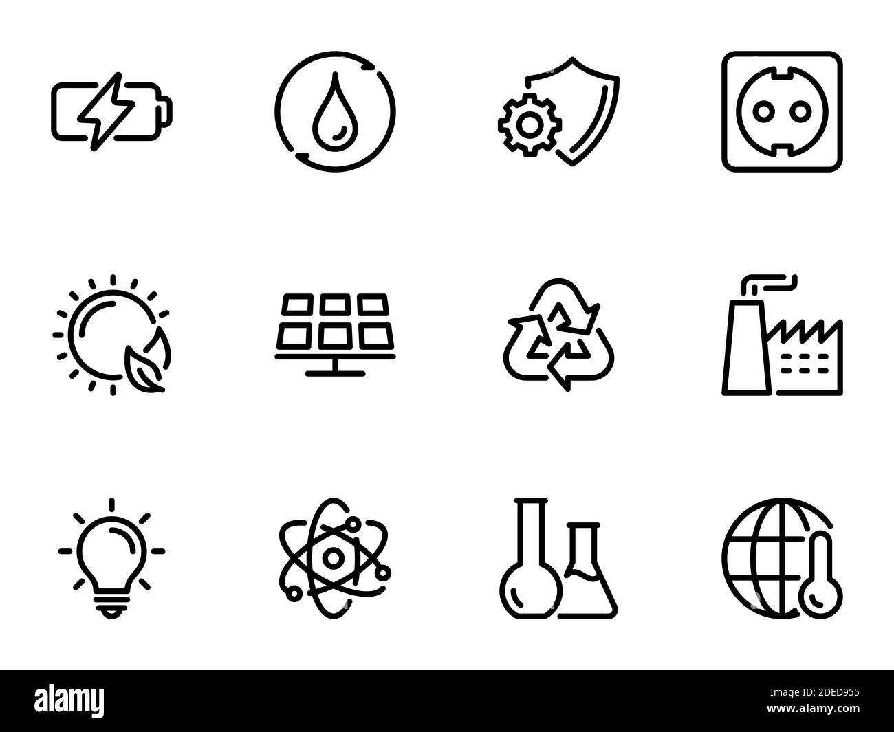 Ensemble d'icônes vectorielles noires, isolées sur fond blanc, sur le thème énergie environnementale et production de batteries lithium-ion Illustration de Vecteur